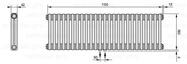 Схема (чертеж) Радиатор Zehnder Charleston 2056/25 №5410 Белый глянцевый RAL 9016